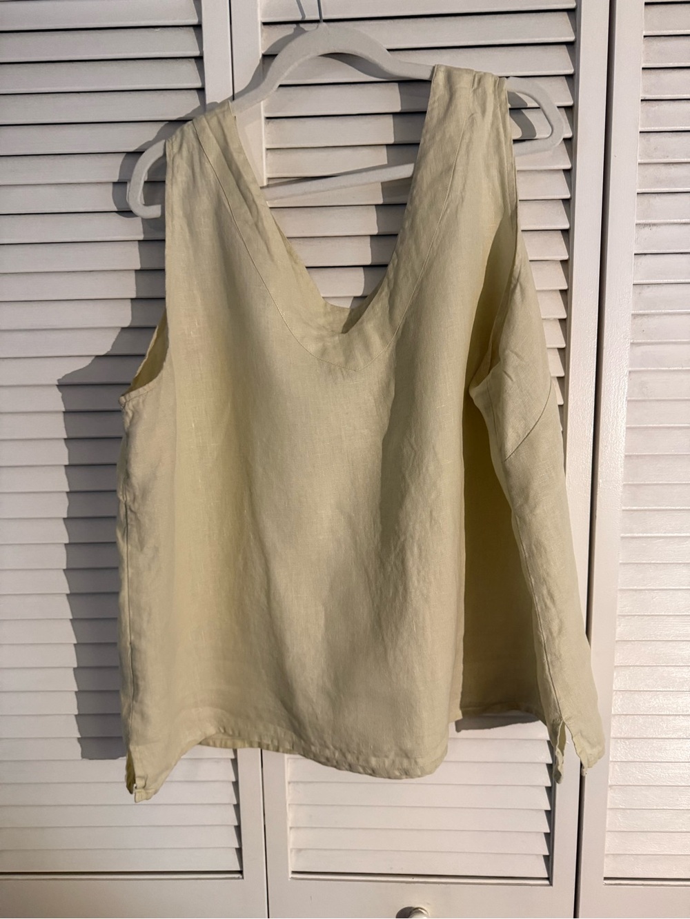 FLAX Generous cut 100 percent linen V-Neck sleeveless Top in Light Sage/ yellow - Picture 2 of 3